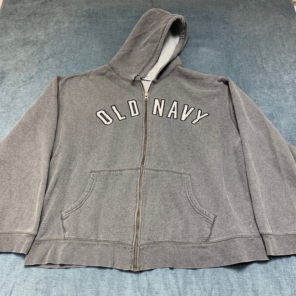 Y2K Old Navy Hoodie Mens 2XL Gray Spellout Logo Cotton Fleece Lined Full Zip